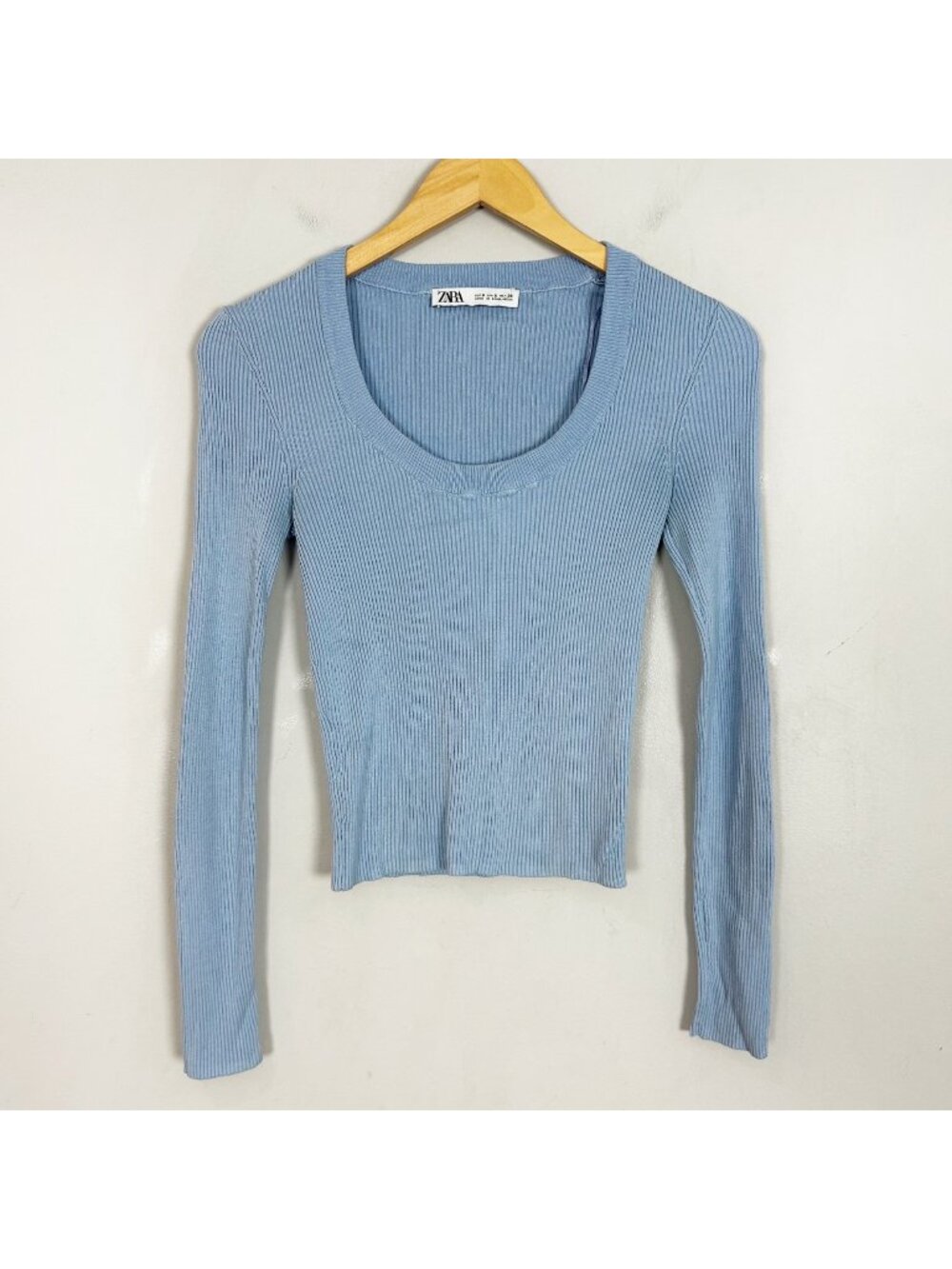 Zara Blue Ribbed Crop Long Sleeve‎ Top Stretch Knit Size Small Women's